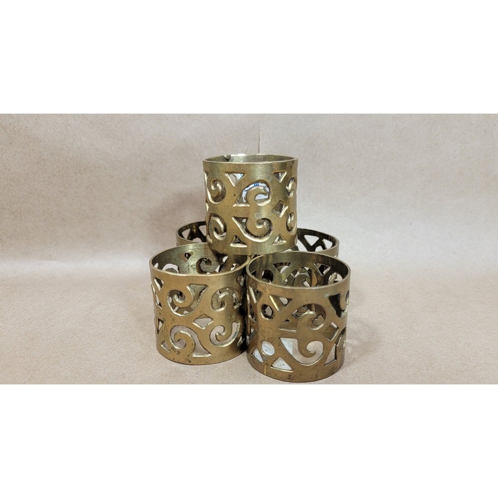 Pier 1 Imports Brass Napkin Rings Set of 5 Gold Scroll Filigree Cutout Design